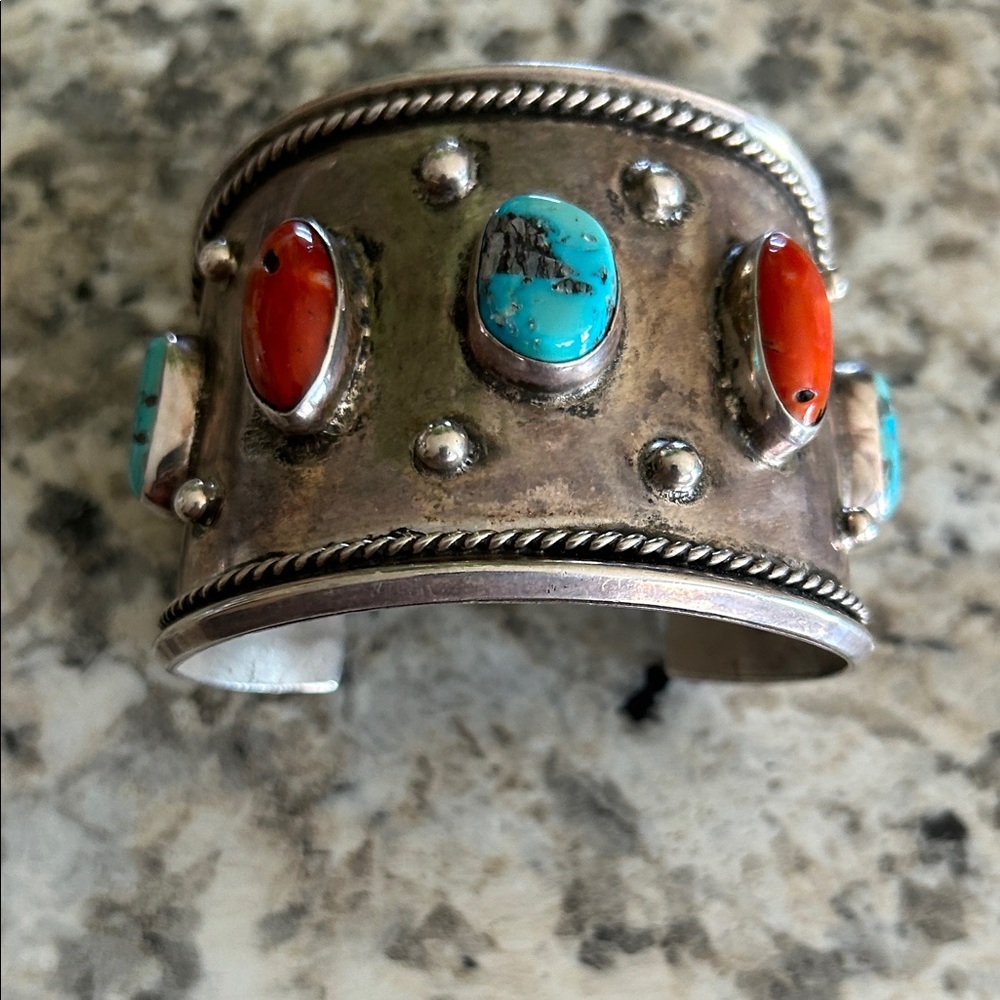 Artisan Silver Cuff Bracelet with Turquoise and Coral